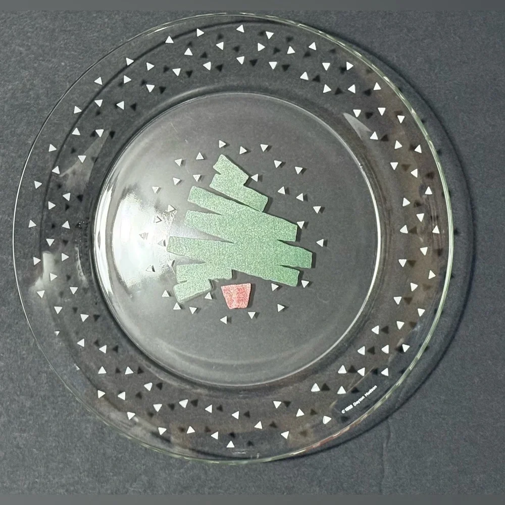 Arcoroc France 1988 6Pc Christmas Tree Confetti 8” Clear Glass Plates - Vintage
